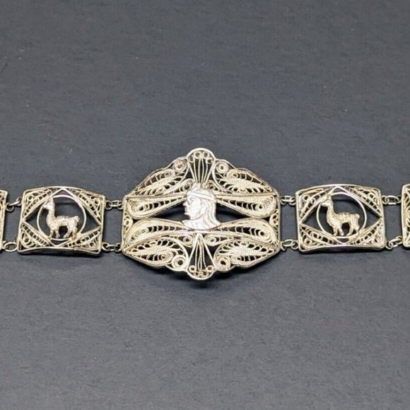 Vintage Silver Filigree Egyptian Llama Story Teller Panel Link 900 Bracelet Cuff - Picture 1 of 9